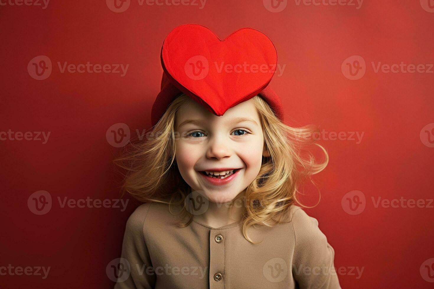 ai genererad porträtt av en söt liten flicka med röd hjärta på valentines dag begrepp. foto