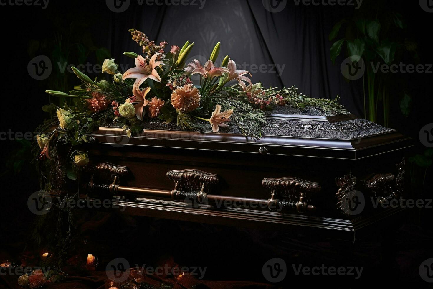 ai genererad begravning skrin med blommor på mörk bakgrund foto