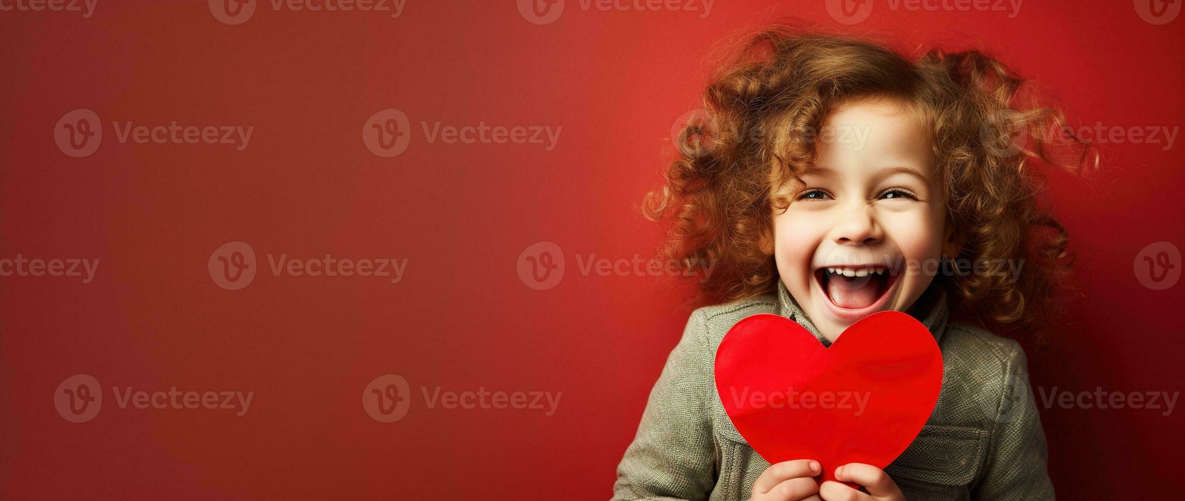 ai genererad porträtt av en söt liten flicka med röd hjärta på valentines dag begrepp. foto