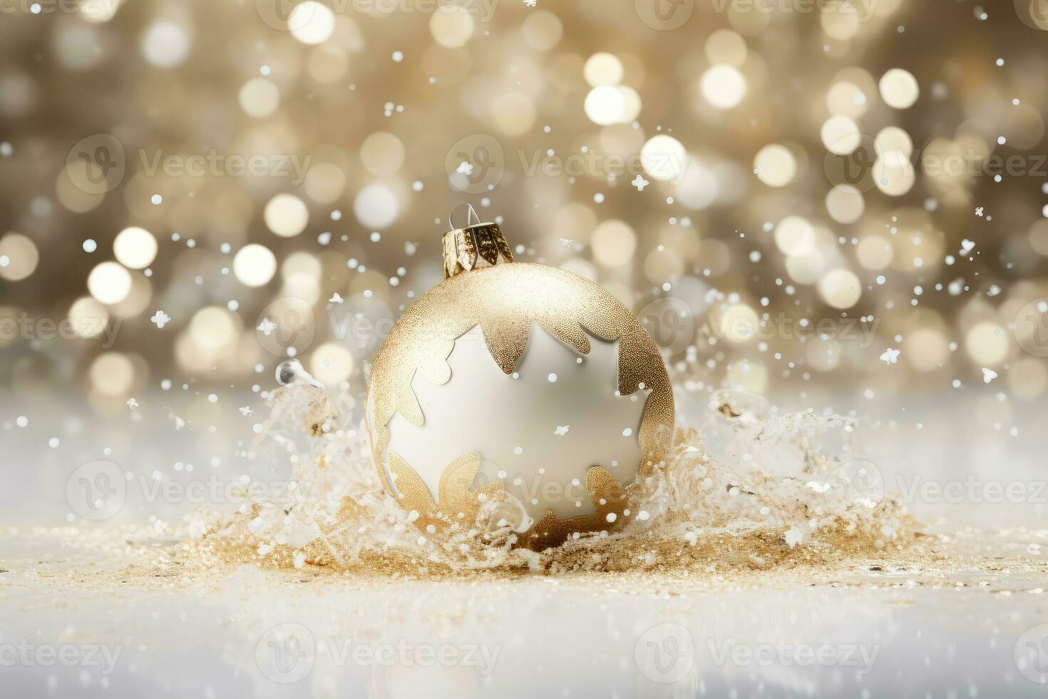 ai genererad gyllene jul träd leksak boll med festlig konfetti på en gul bokeh bakgrund. foto