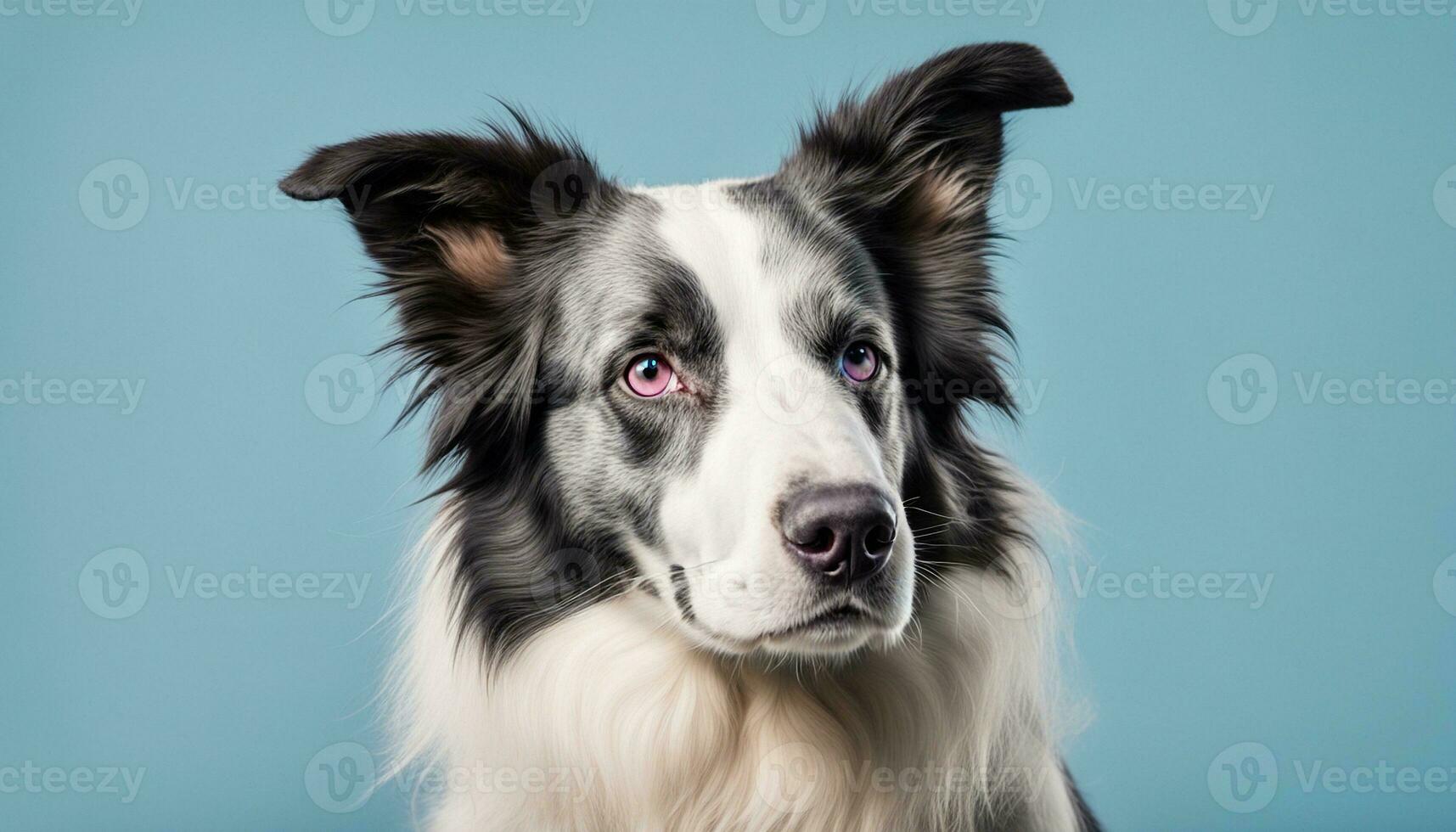 ai genererad porträtt allvarlig och arg gräns collie hund. isolerat på blå pastell bakgrund. foto