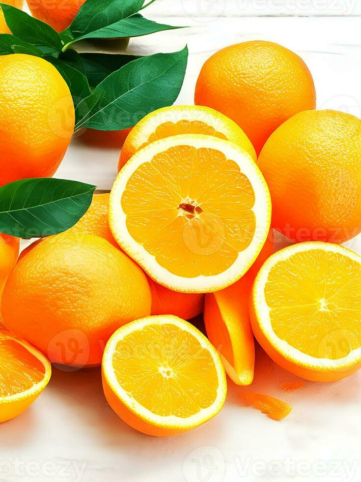 ai genererad färsk orange och skivor med löv bakgrund vitamin c begrepp ai genererad foto