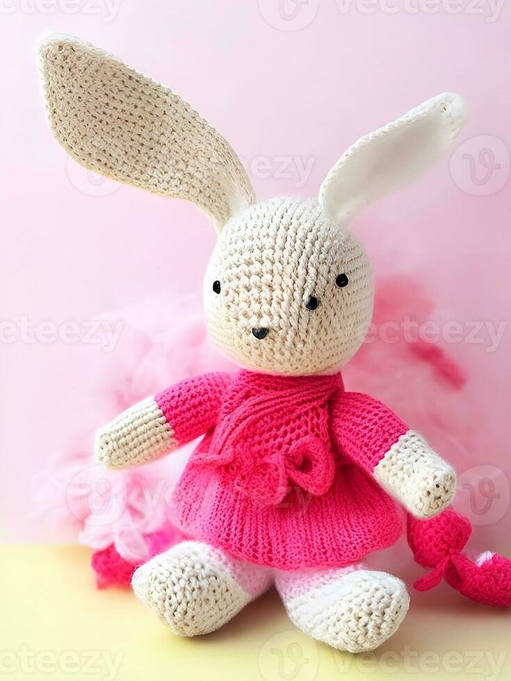 ai genererad stickat kanin i rosa klänning. st. hjärtans dag dekor. stickat leksak, amigurumi. valentines dag hälsning kort ai genererad foto