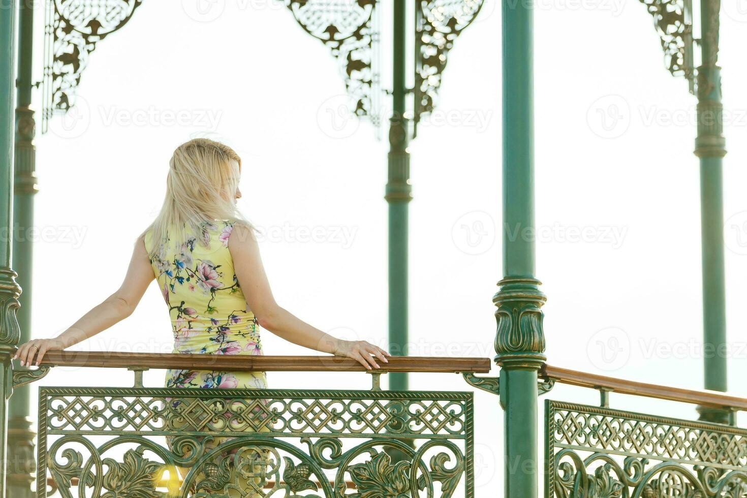 Söt, attraktiv kvinna stående i en lusthus i en parkera foto
