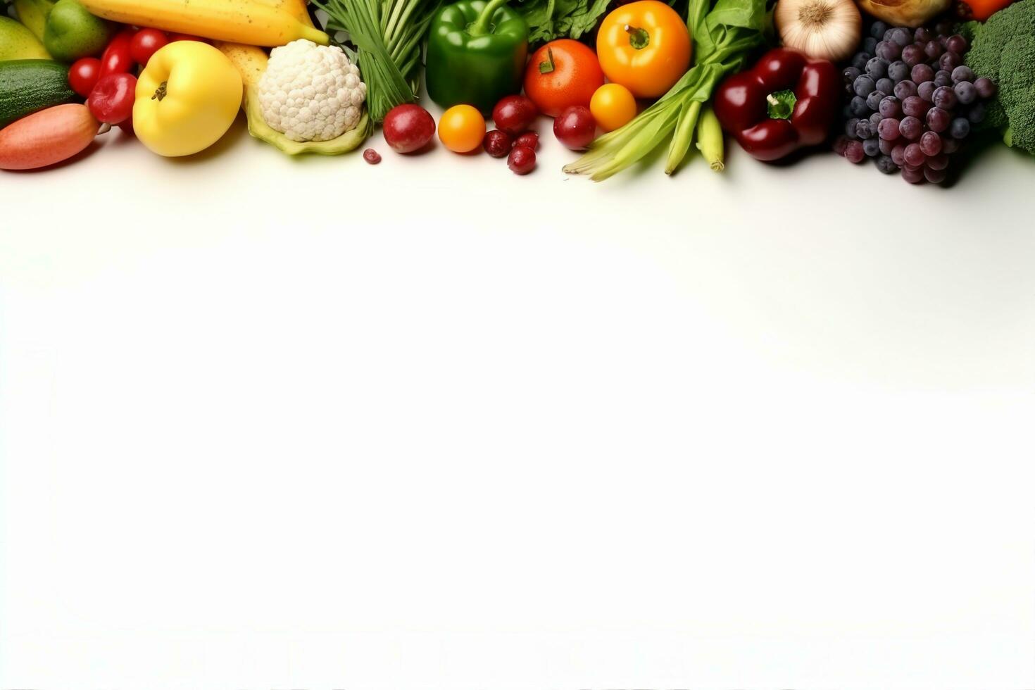 ai genererad friska mat bakgrund studio fotografi av annorlunda frukt och grönsaker isolerat på vit bakgrund. stänga upp. kopia Plats. generativ ai. foto