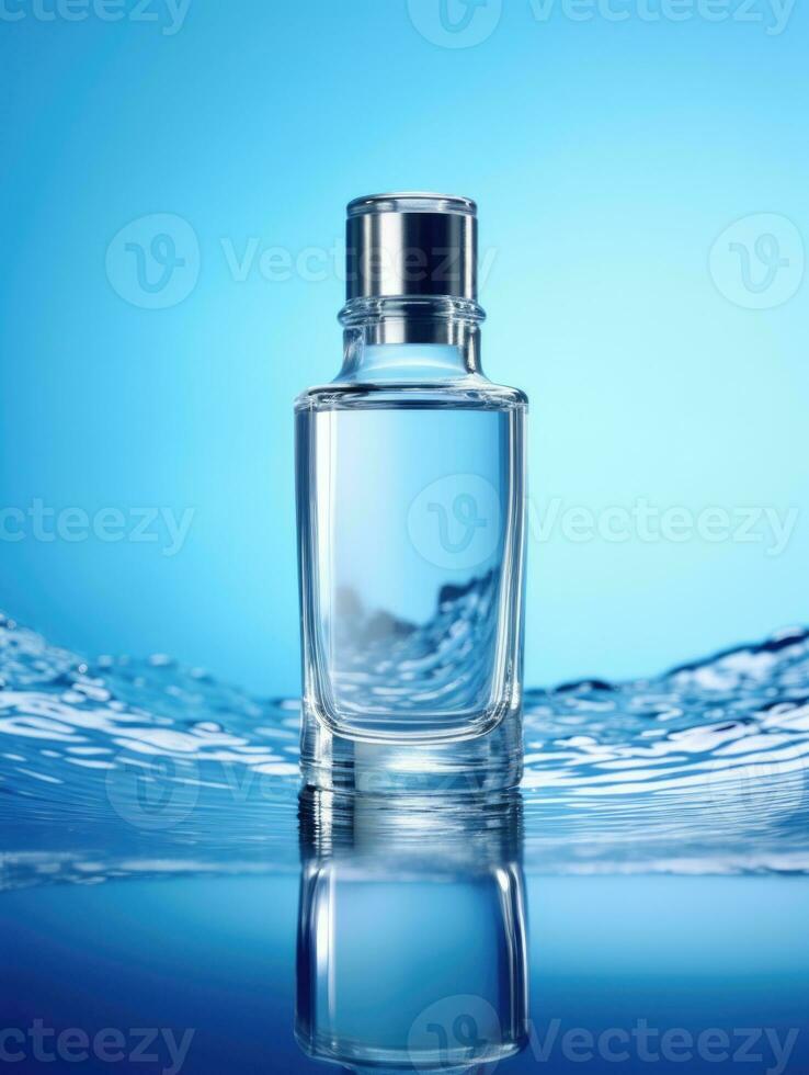 ai genererad transparent flaska på vatten bakgrund, ai foto