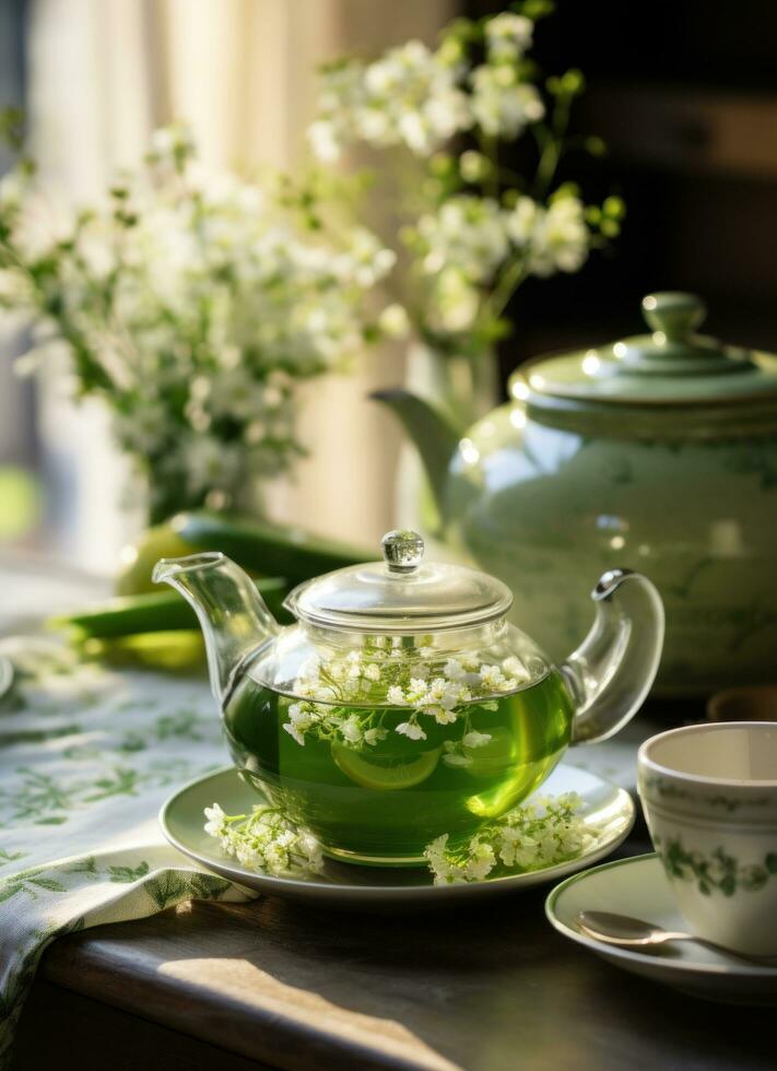 ai genererad grön te med blommor på en tabell foto
