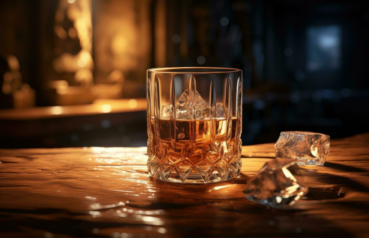 ai genererad en glas av en whisky Sammanträde inuti av en mörk scen foto