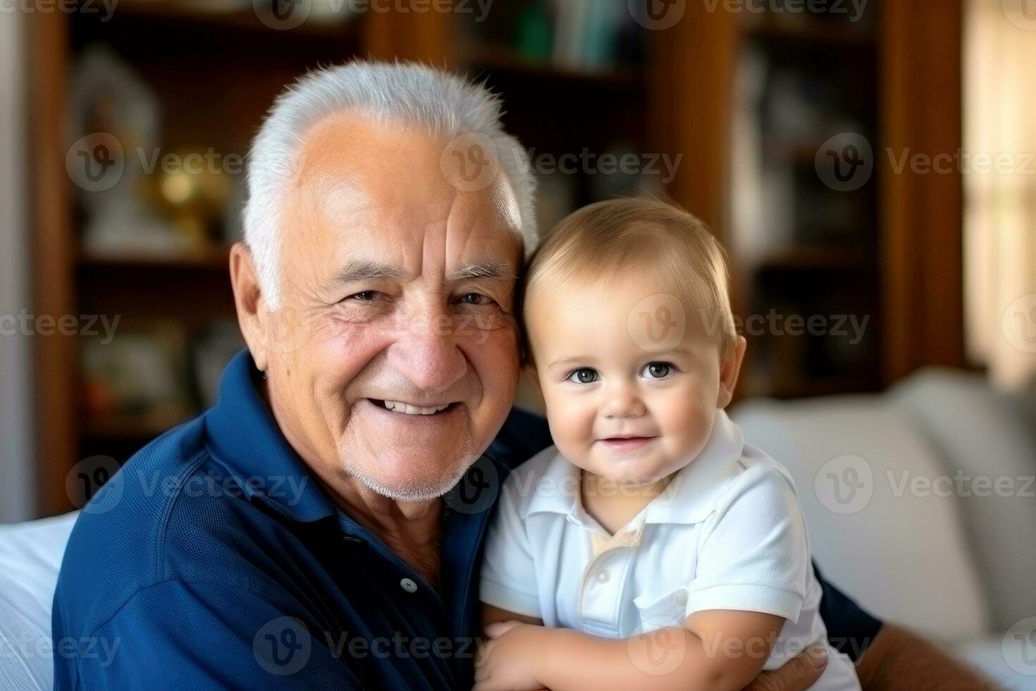 morfar och släkt roligt med en leksak , i levande rum. generativ ai foto