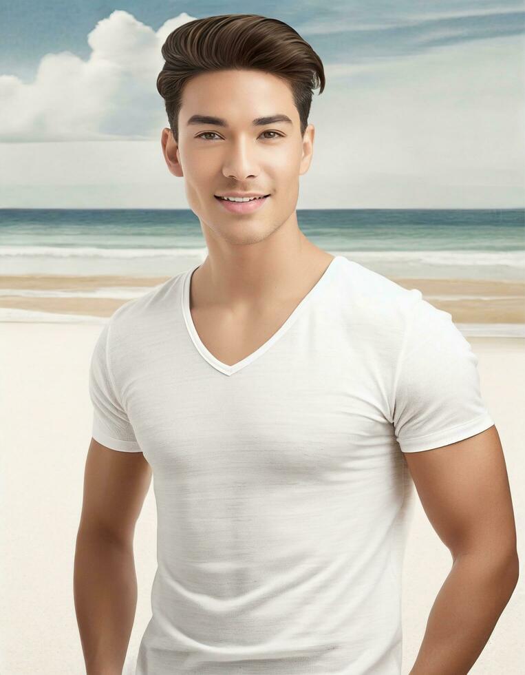 ai genererad porträtt av en stilig ung asiatisk man stående på de strand foto