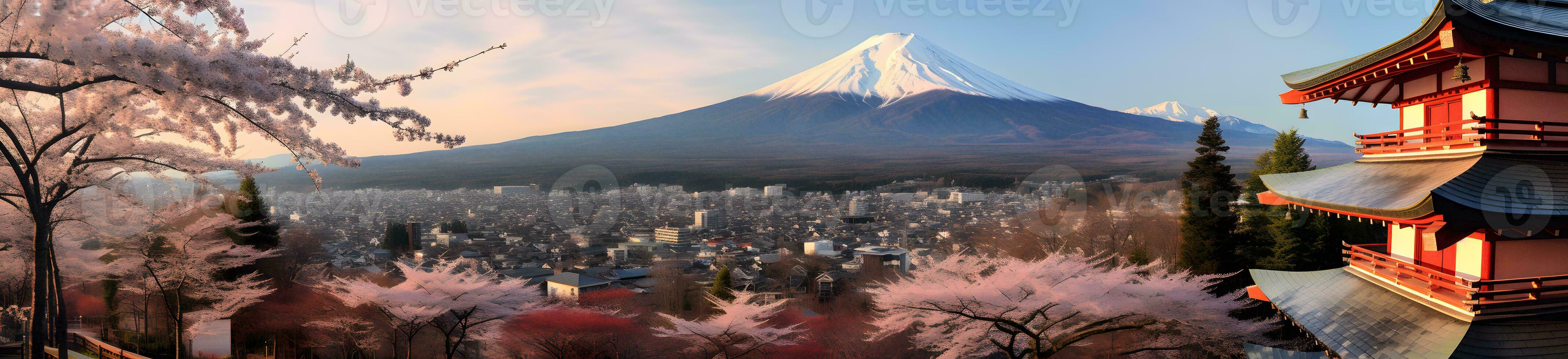ai genererad panorama av montera fuji med körsbär blommar foto