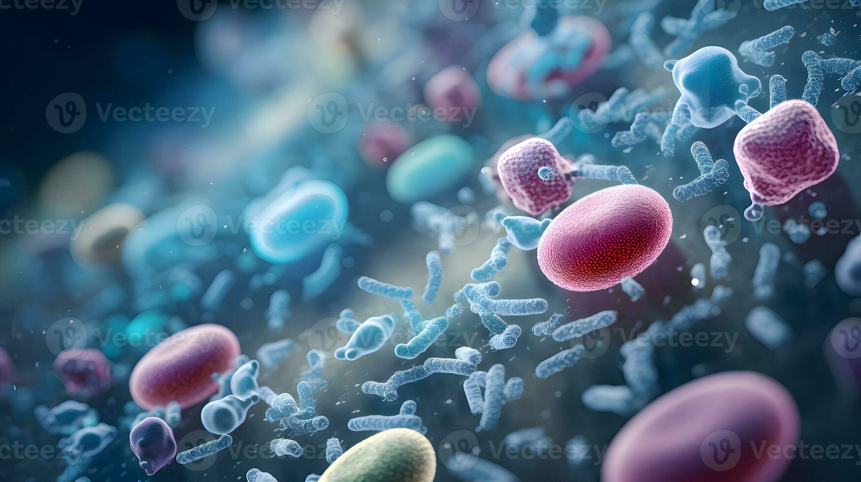 ai genererad röd blod celler i blå bakgrund, medicinsk begrepp foto