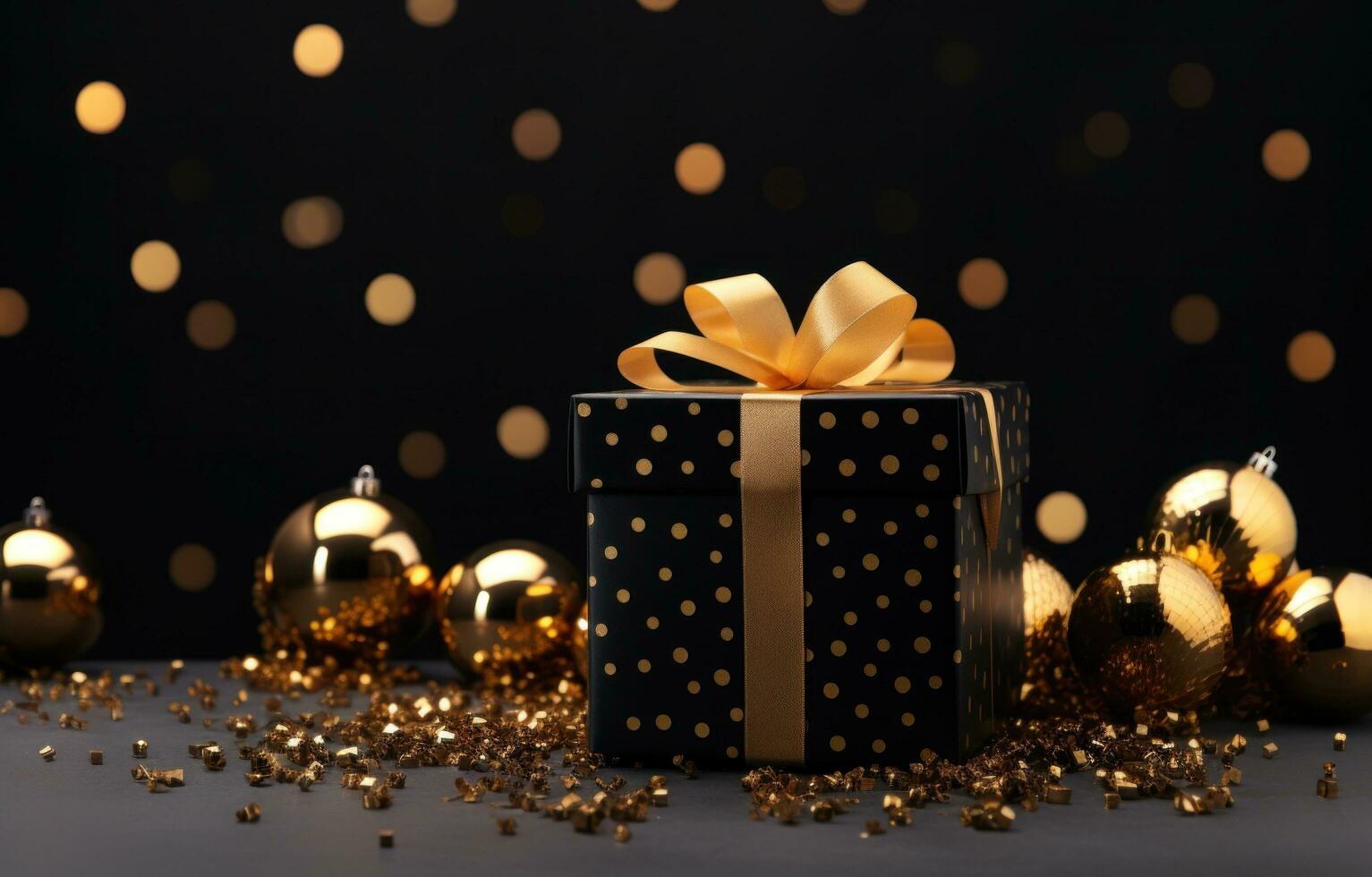 ai genererad jul gåva i svart låda med gyllene bollar på bakgrund platt svart konfetti foto