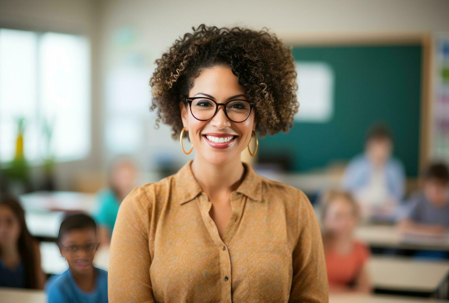 ai genererad en kvinna i glasögon är leende på de kamera i en klassrum, foto