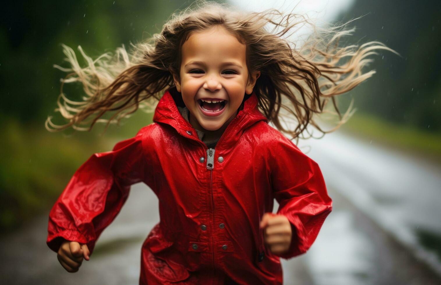 ai genererad Lycklig liten flicka i röd löpning genom de regn Lycklig foto