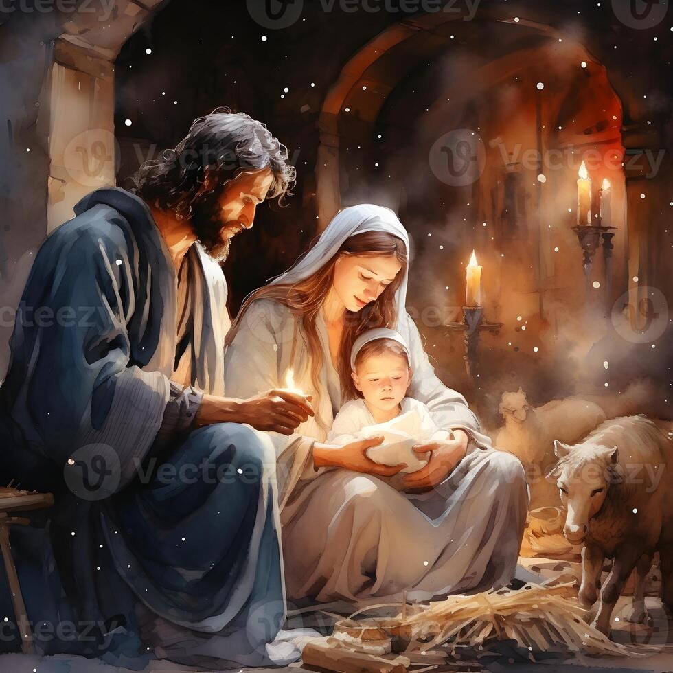 ai genererad bibel scen. nativity jul. jul eve. ai generation foto