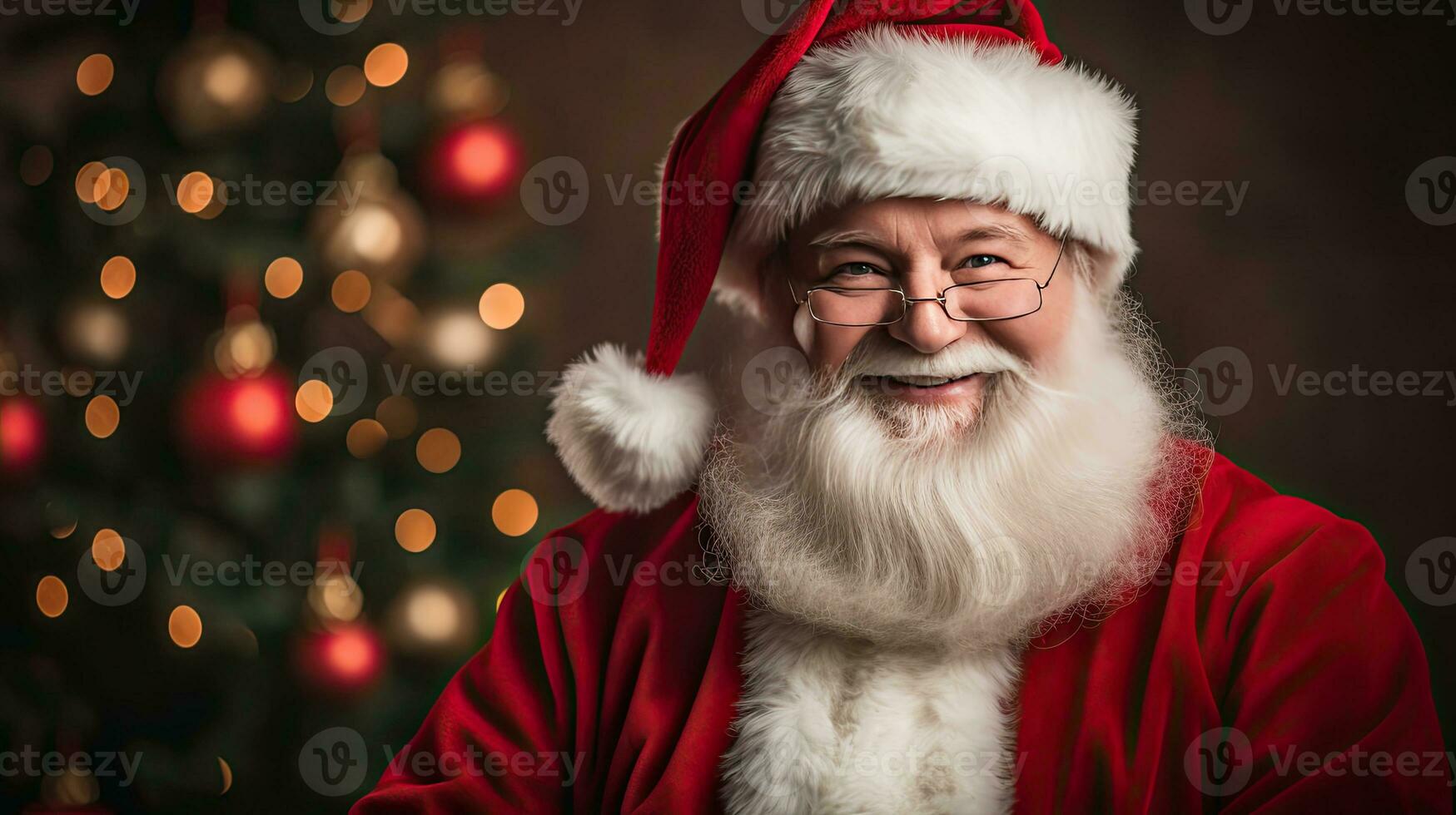 ai genererad leende santa claus med gåva lådor i festlig jul Kläder foto