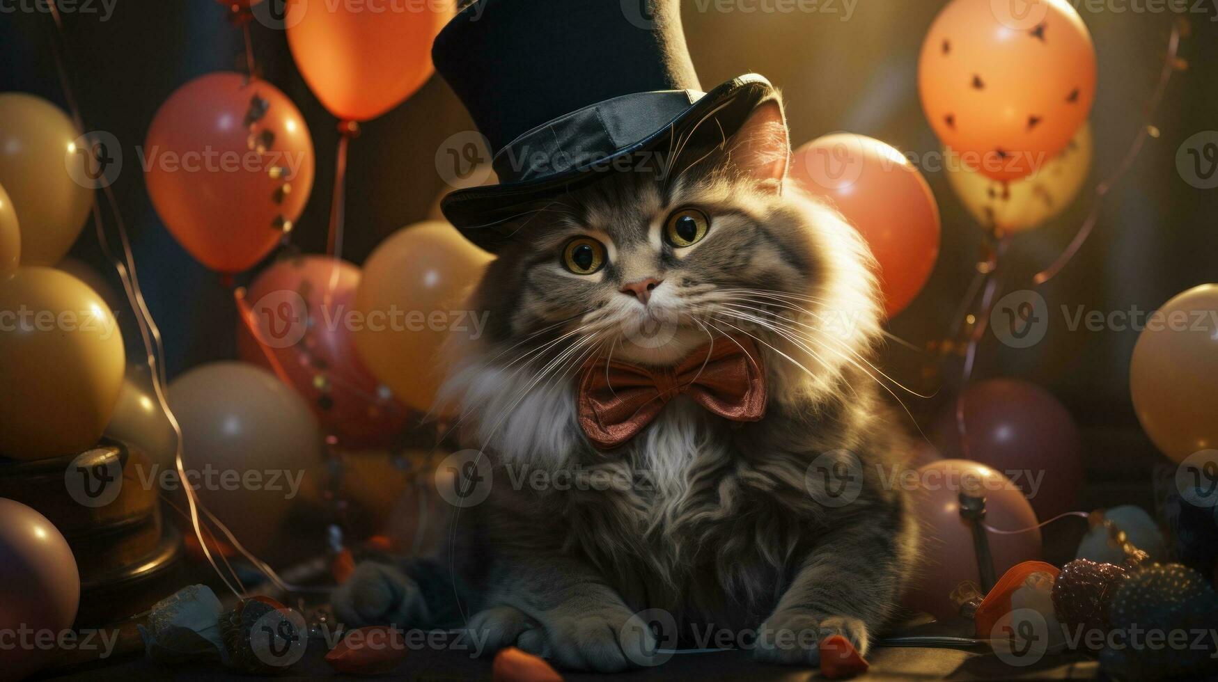 ai genererad en katt bär en topp hatt och rosett slips Sammanträde på ballonger, ai foto