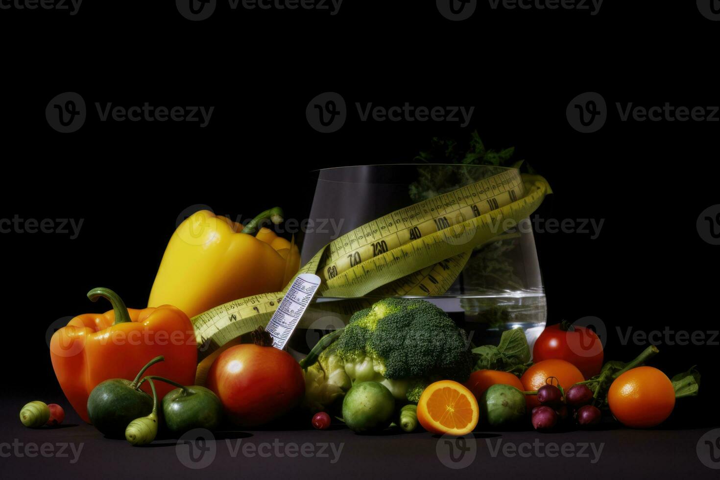 ai genererad ett array av färsk grönsaker, Inklusive broccoli och apelsiner, liggande Nästa till en mätning tejp. foto
