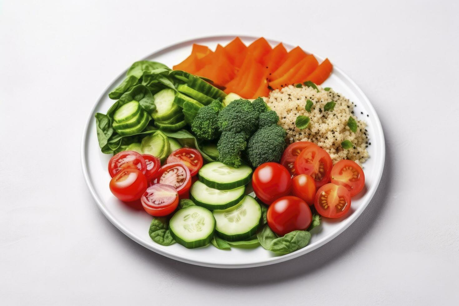 ai genererad sallad med quinoa, spenat, broccoli, tomater, gurkor och morötter. ai genererad foto