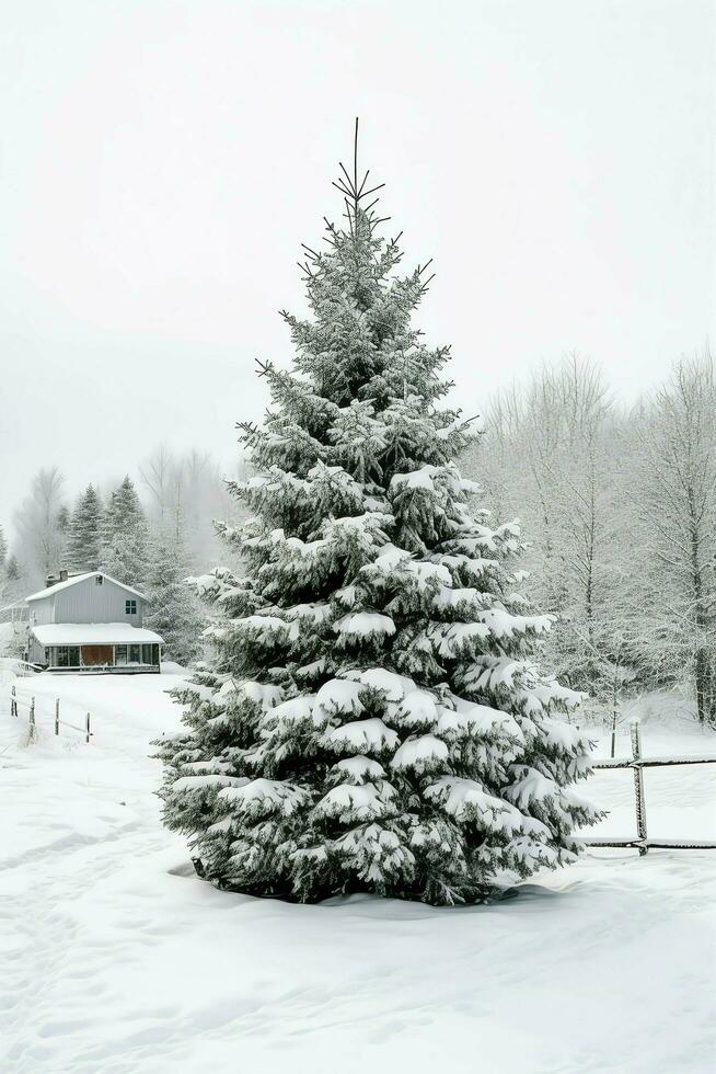 tall träd eller dekorerad jul träd täckt förbi snö på skön vinter. jul tema utomhus förbi ai genererad foto