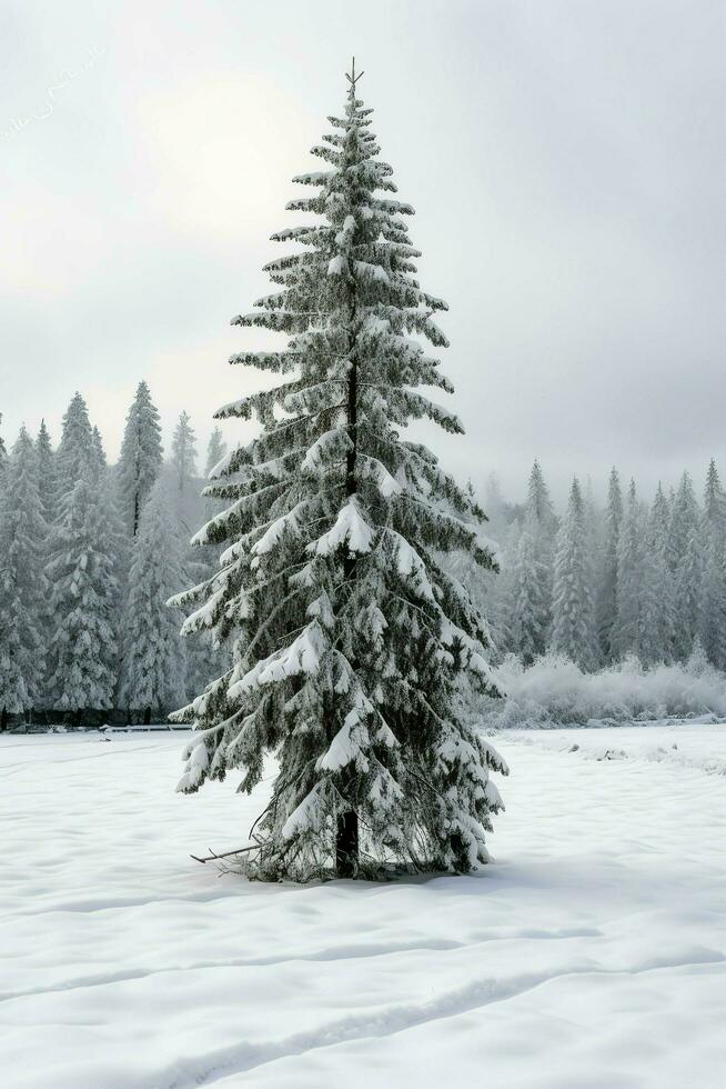 tall träd eller dekorerad jul träd täckt förbi snö på skön vinter. jul tema utomhus förbi ai genererad foto