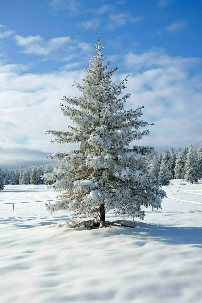 tall träd eller dekorerad jul träd täckt förbi snö på skön vinter. jul tema utomhus förbi ai genererad foto