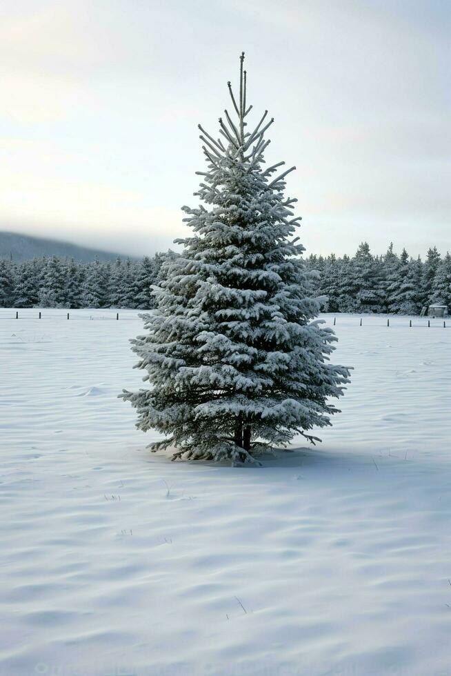 tall träd eller dekorerad jul träd täckt förbi snö på skön vinter. jul tema utomhus förbi ai genererad foto