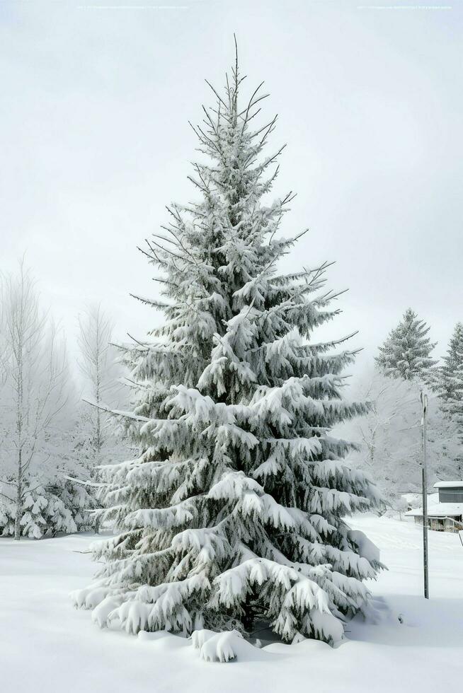 tall träd eller dekorerad jul träd täckt förbi snö på skön vinter. jul tema utomhus förbi ai genererad foto