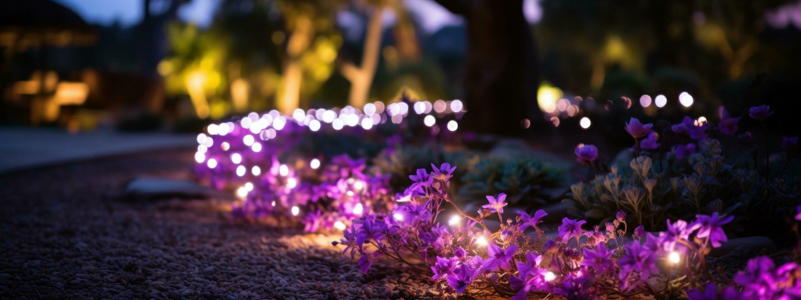 ai genererad lila led lampor hängande över flera blomma sängar foto