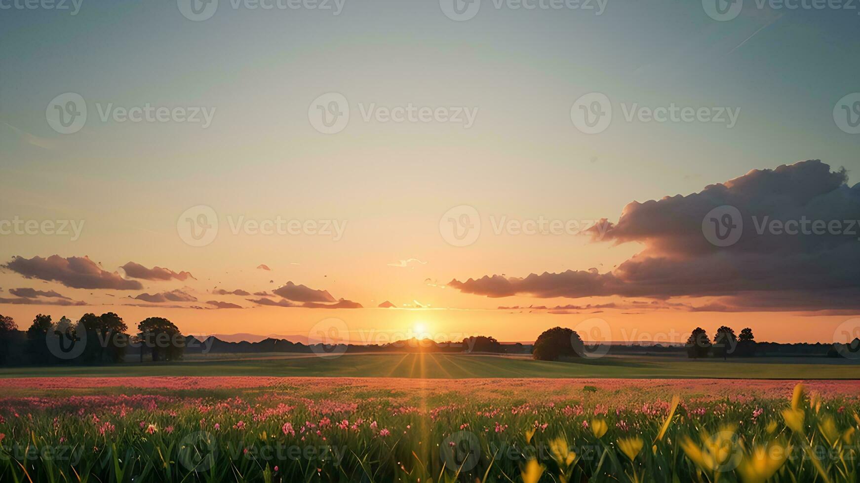 ai genererad skön naturlig landskap. soluppgång på äng foto