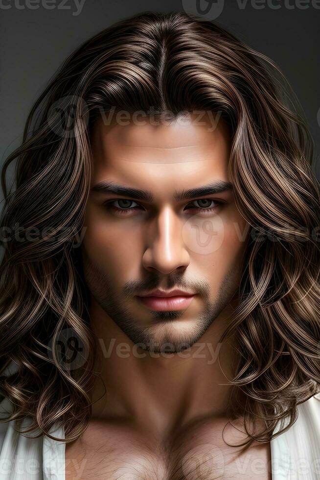 ai genererad porträtt av en stilig man med lång vågig brun hår foto