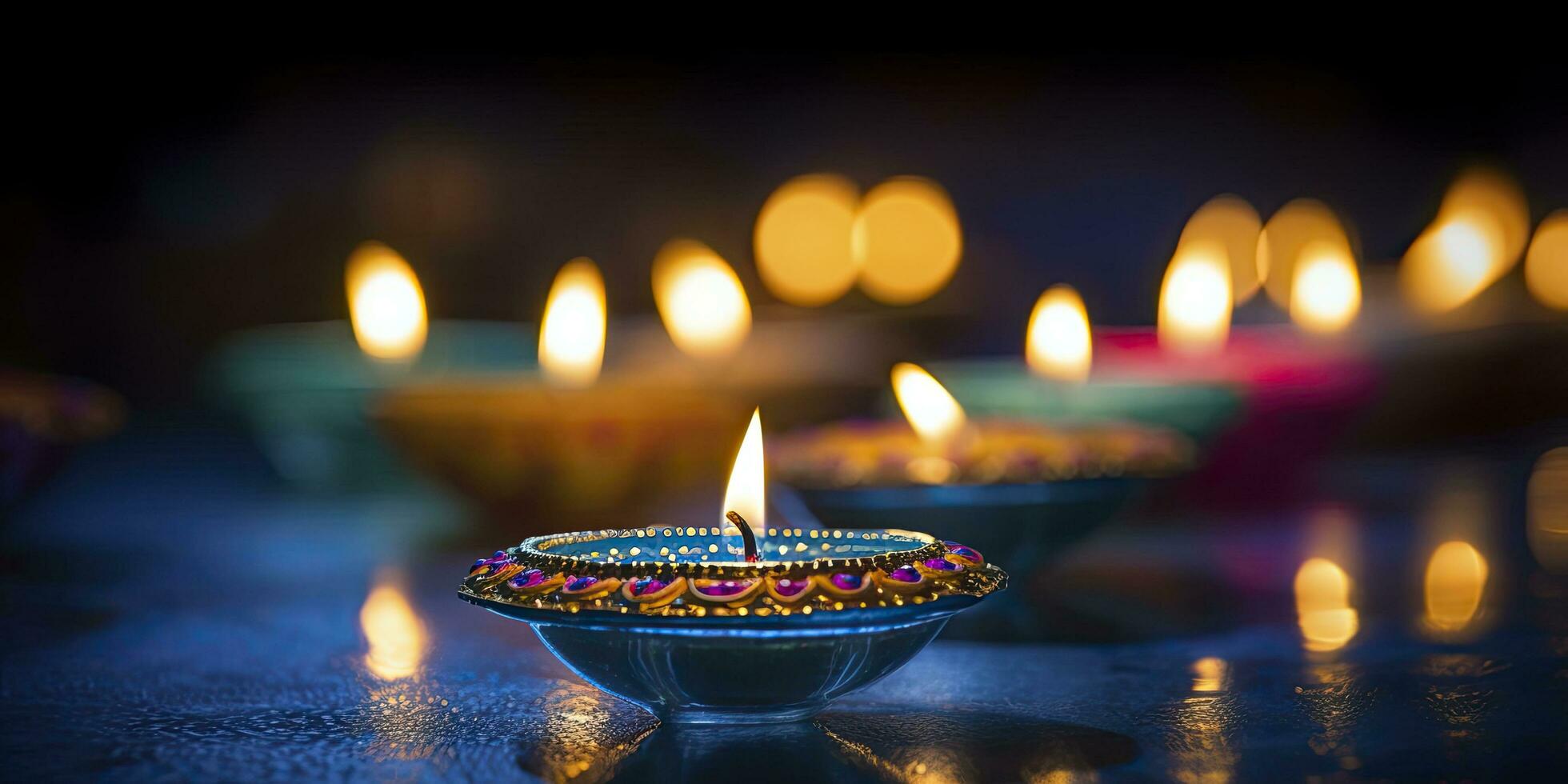 ai genererad Lycklig diwali. diya olja lampor var belyst under de firande. ai genererad foto