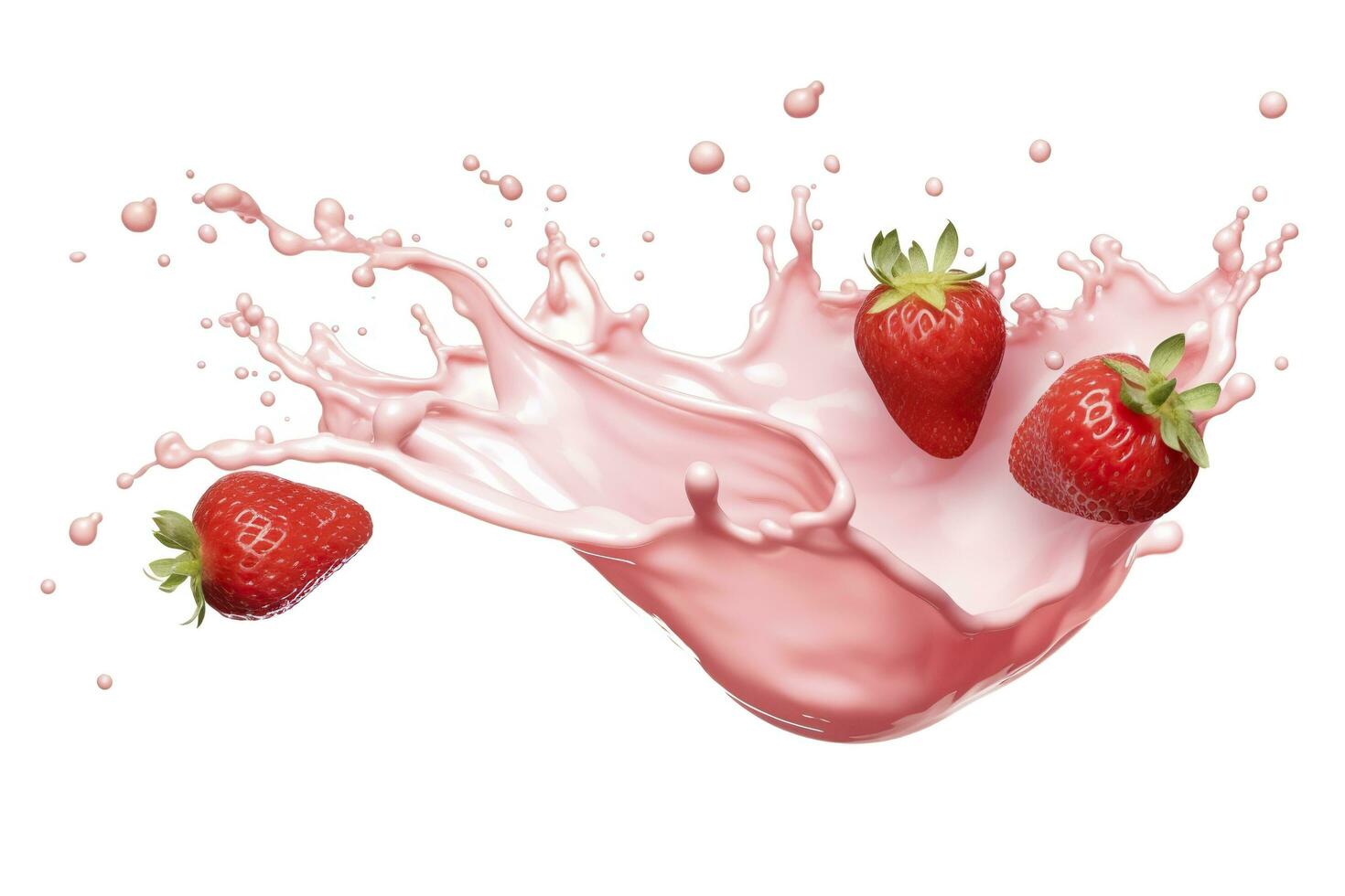 ai genererad mjölk eller yoghurt stänk med jordgubbar isolerat på vit bakgrund, 3d tolkning. ai genererad foto