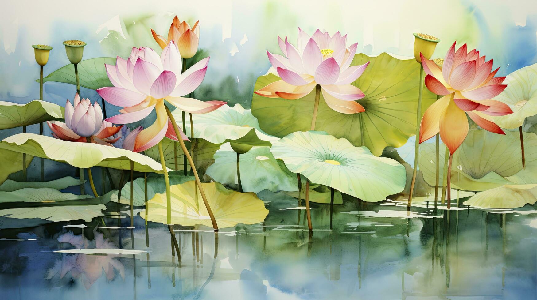 ai genererad vattenfärg målning av lotus blommor och löv i vatten i ett inflytelserik och harmonisk stil av färger foto