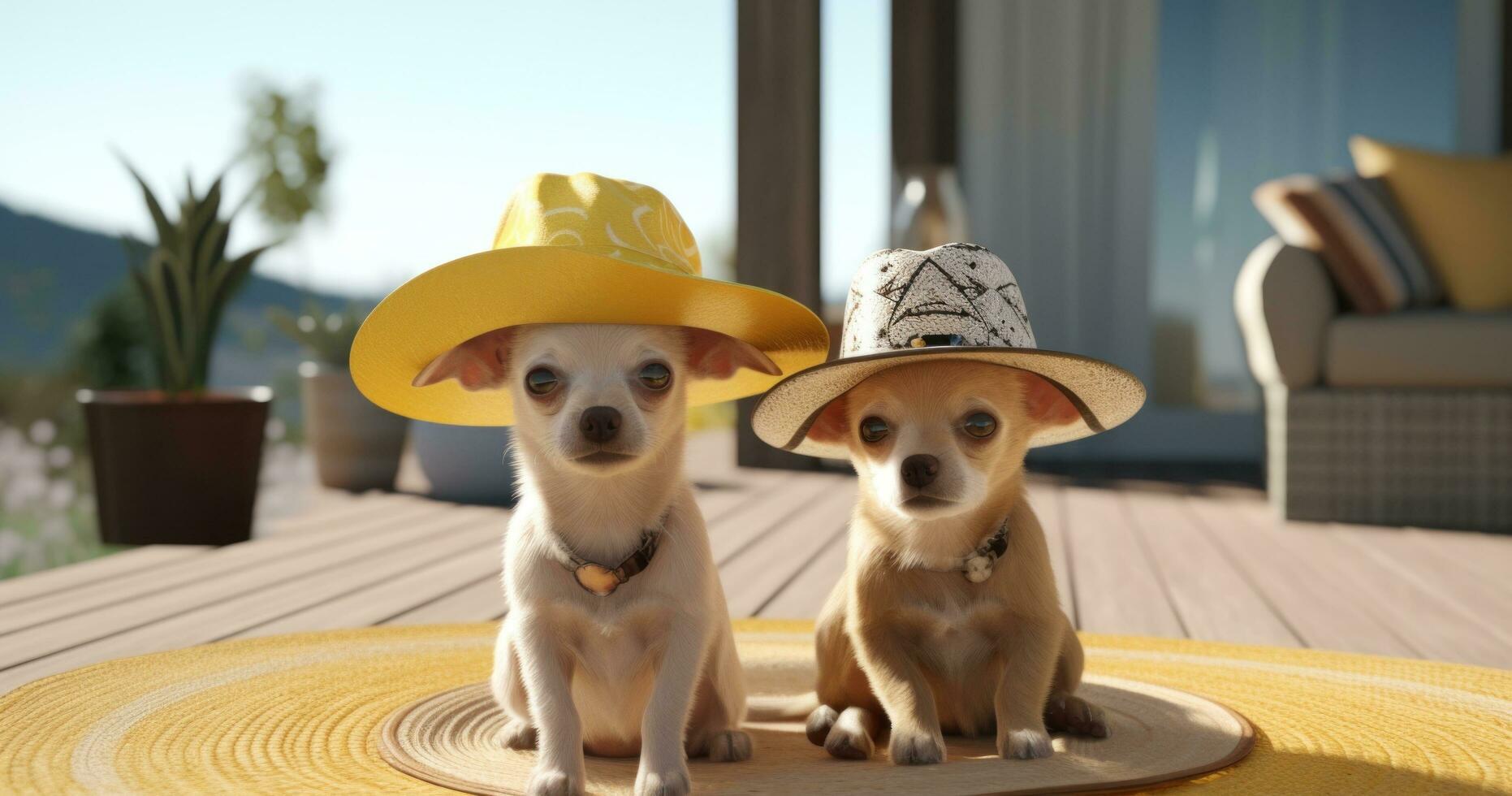 ai genererad två chihuahua djur är bär hattar på de främre veranda foto