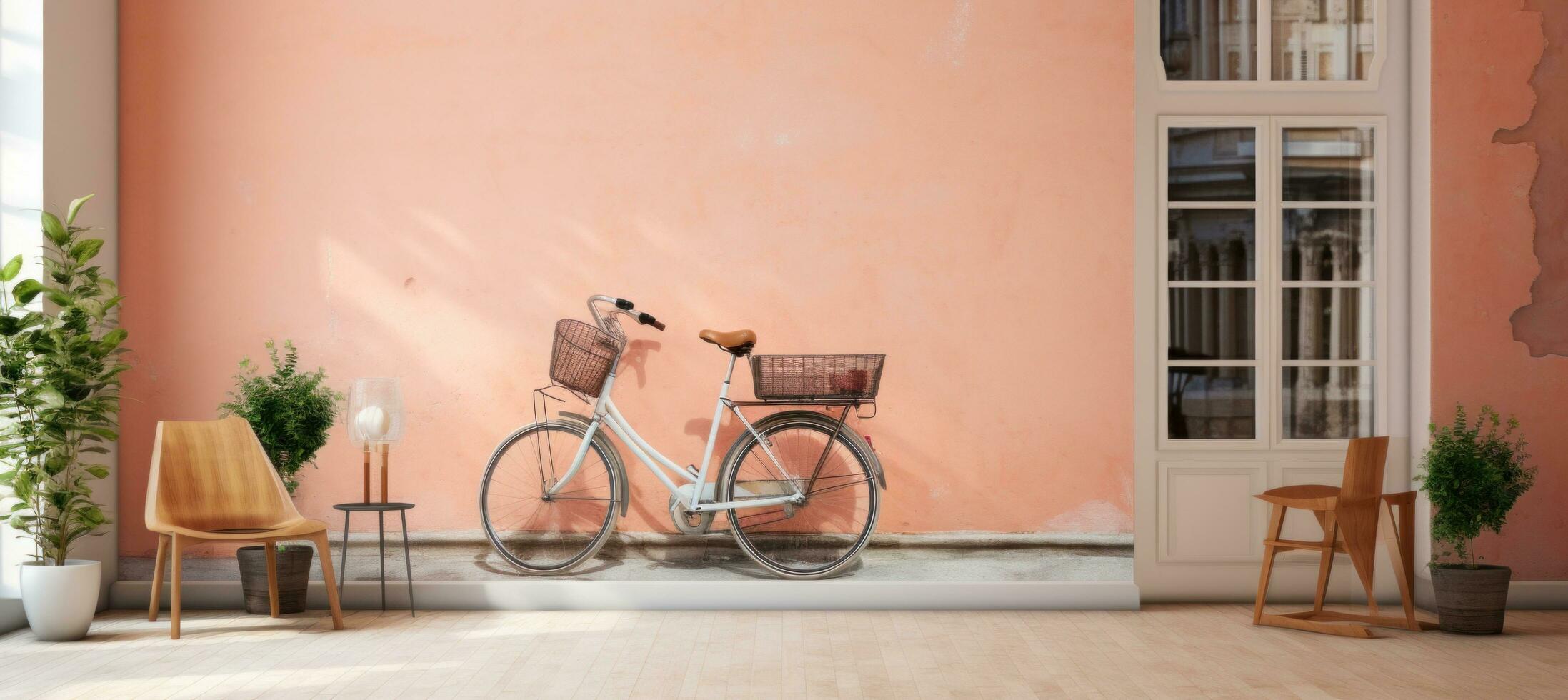 ai genererad gammal trä- cyklar förbi de dörr av en rosa vägg foto