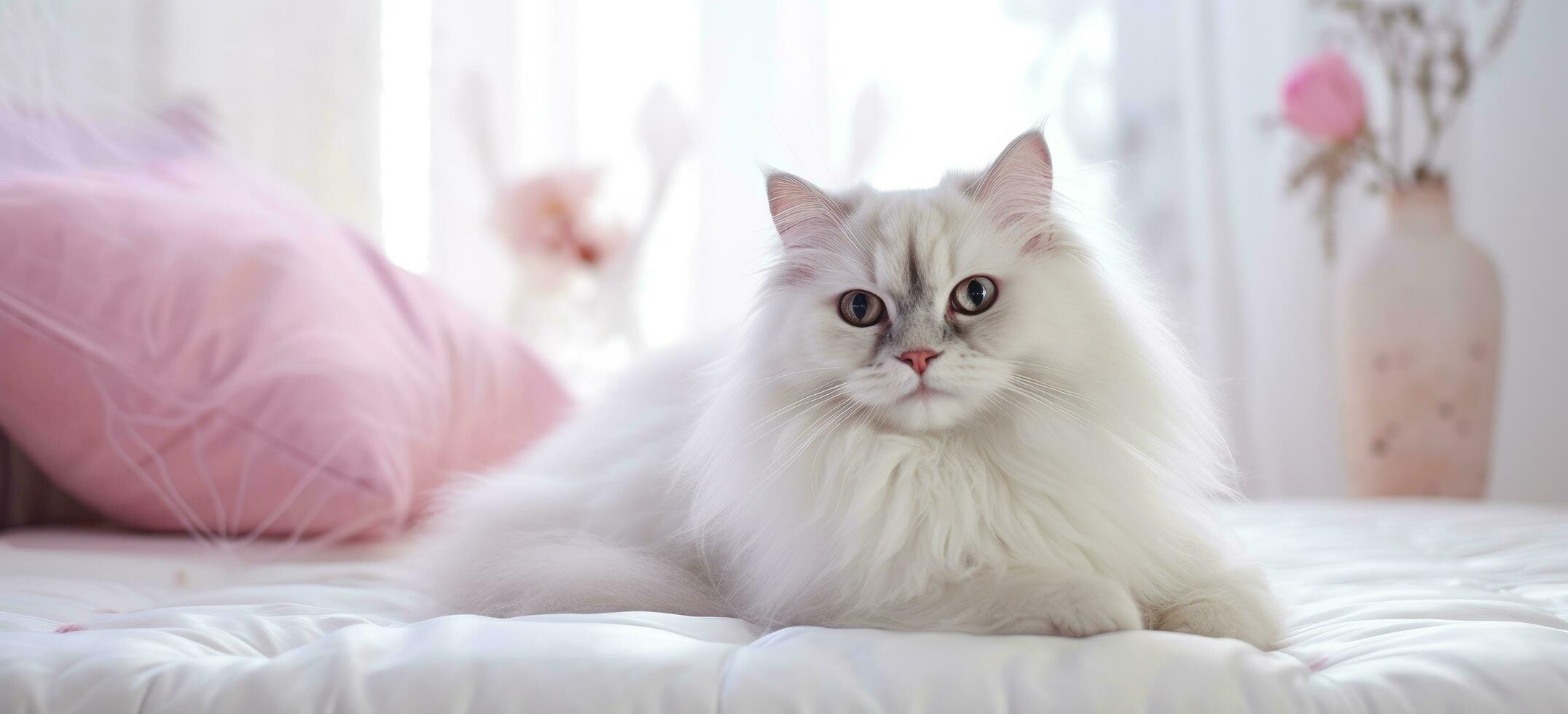 ai genererad en fluffig vit katt sitter på en säng med en rosa kudde foto