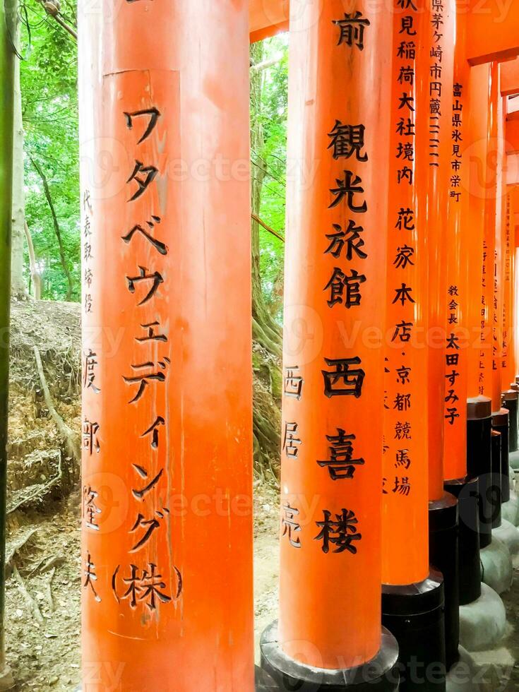 kyoto stad, Japan, 2015 - närbild röd trä- poler av toriien grindar på fushimi inari helgedom i Kyoto, japan. detta är shinto helgedom och ett av de mest populär turist destinationer i japan. foto