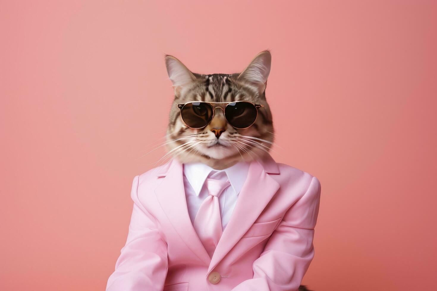 ai genererad en katt är bär solglasögon och kostym på rosa bakgrund. ai genererad foto