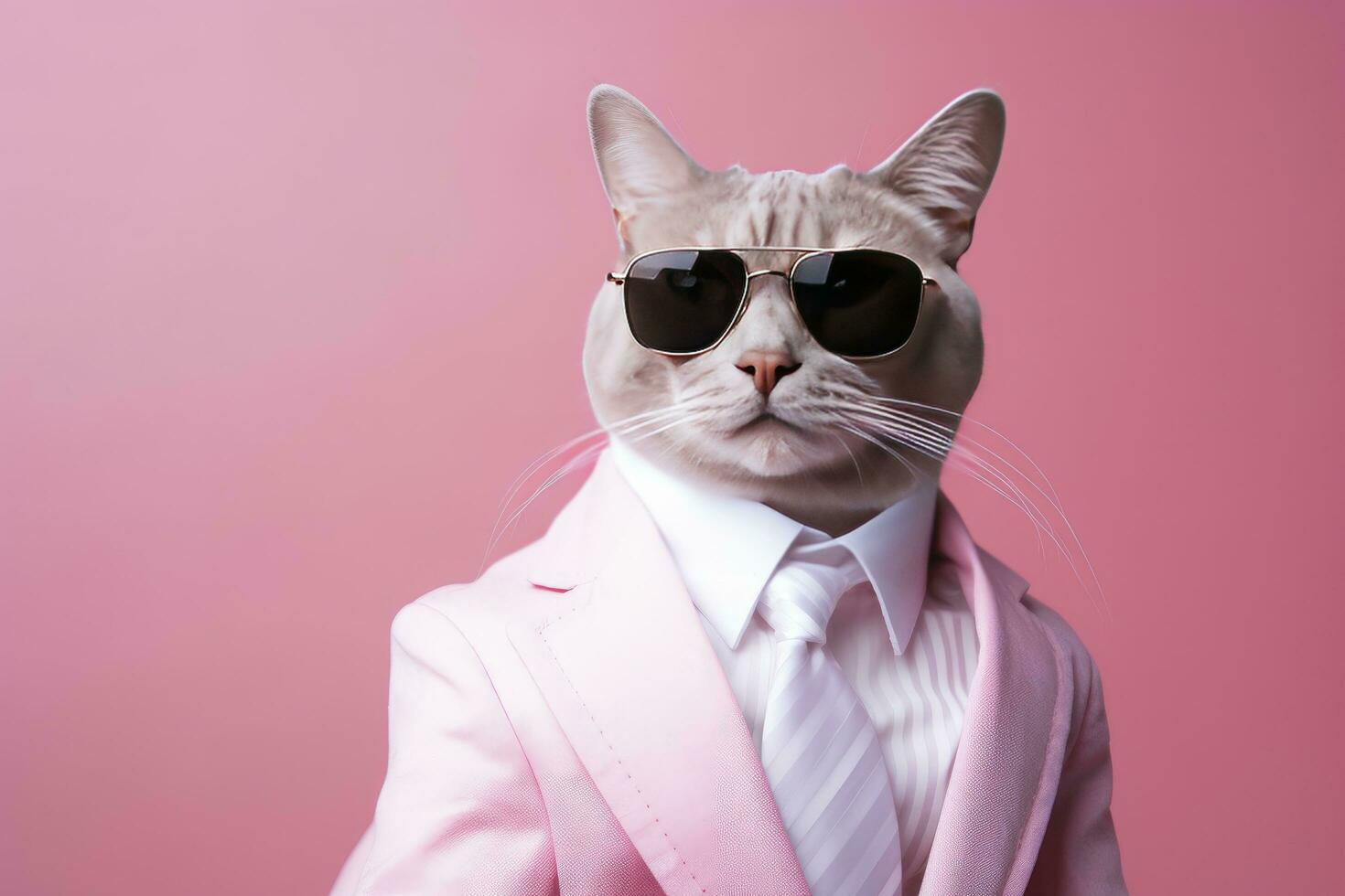 ai genererad en katt är bär solglasögon och kostym på rosa bakgrund. ai genererad foto