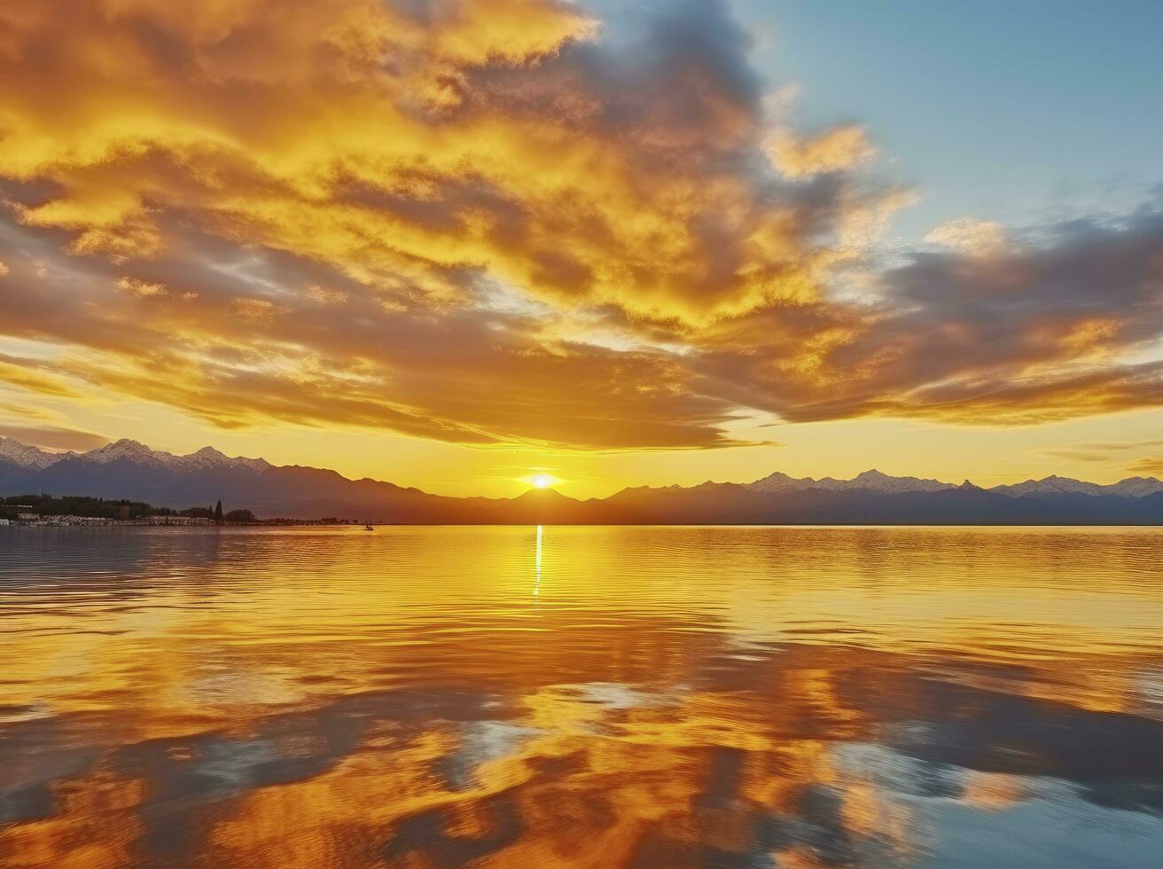 ai genererad ljus solnedgång över sjö gyllene moln reflektera i de vatten. ai genererad. foto