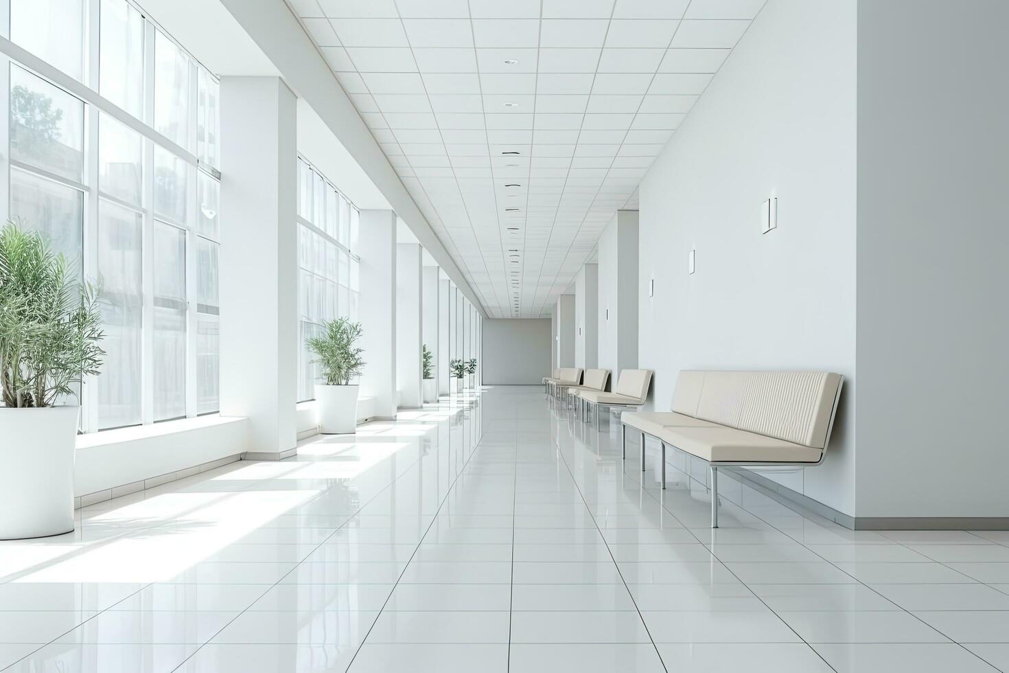 ai genererad interiör design av en modern lyxig vit byggnad korridor eller hall med väntar sittplats. ai genererad foto