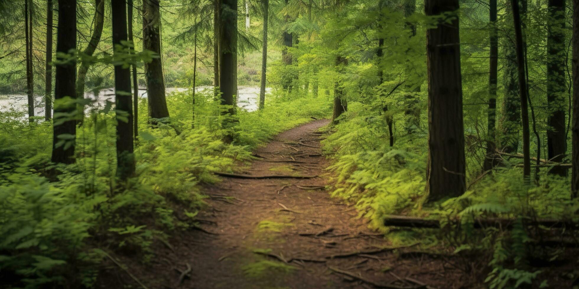 ai genererad en väg med skön skog. ai genererad foto