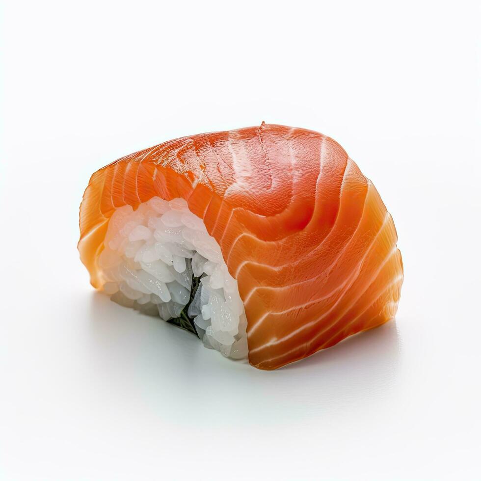 ai genererad en sushi lax på vit bakgrund. ai genererad foto