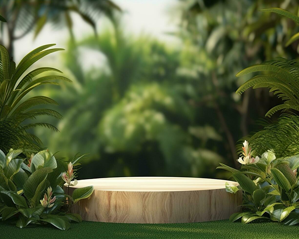 ai genererad trä- produkt visa podium för kosmetisk Produkter med grön natur bakgrund. generativ ai foto