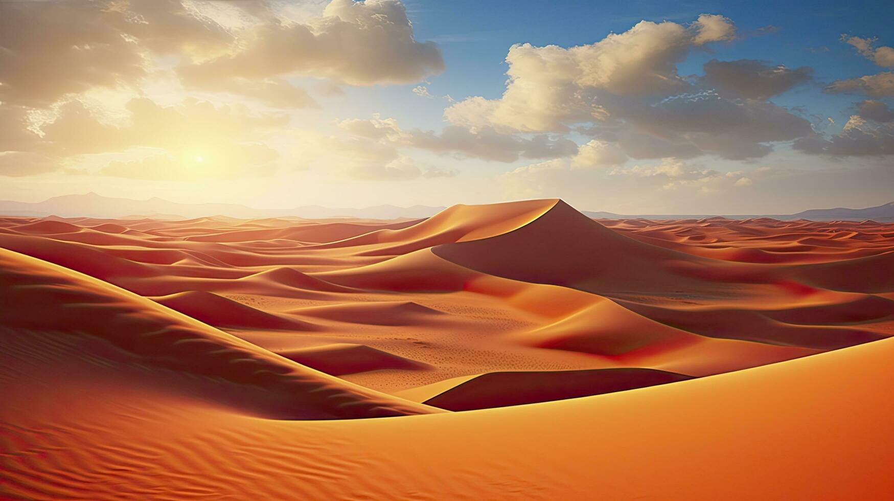 ai genererad öken- med magisk sandstrand och sanddyner som inspiration för exotisk äventyr i torr klimat. ai genererad. foto