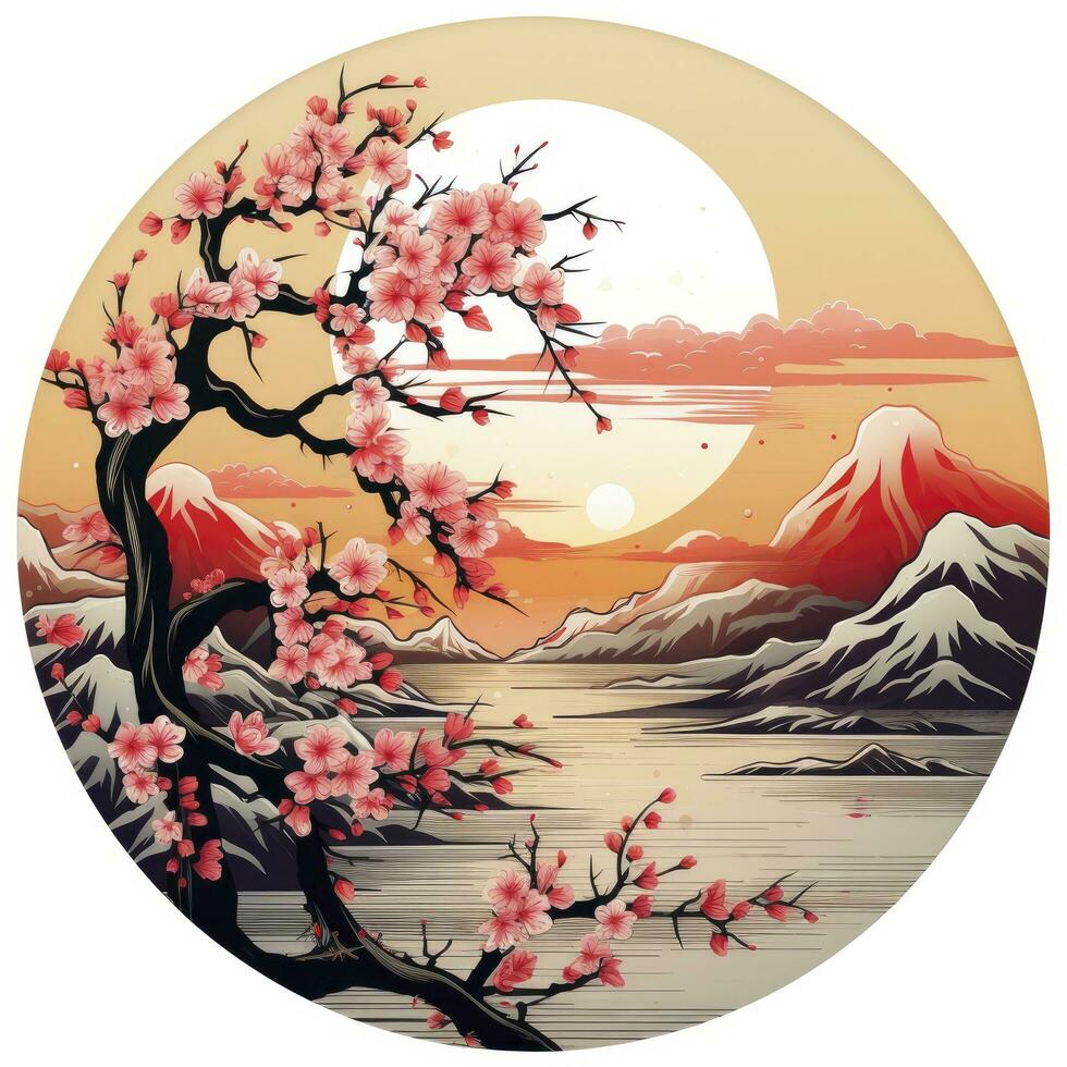 ai genererad körsbär blommar i de solnedgång bakgrund. japansk tatuering stil. ai genererad foto