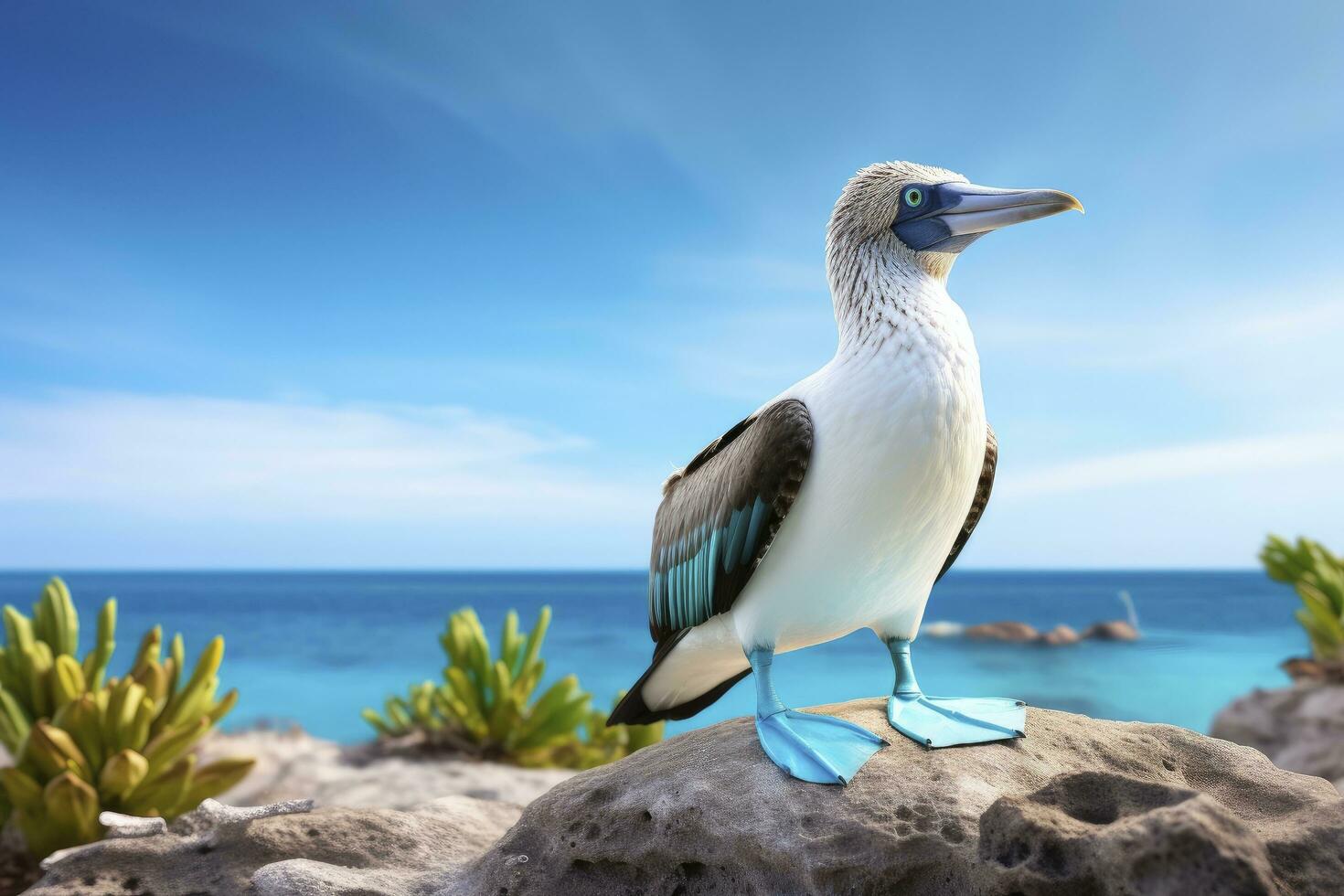 ai genererad de sällsynt blåfotad drummel vilar på de strand. ai genererad foto