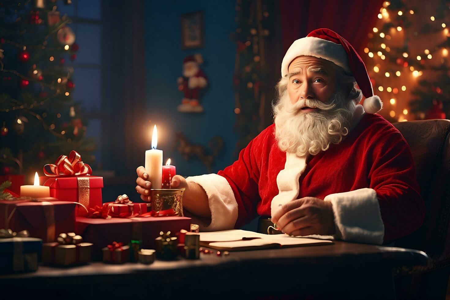 ai genererad santa claus framställning en jul önskar med en ljus och en gåva foto